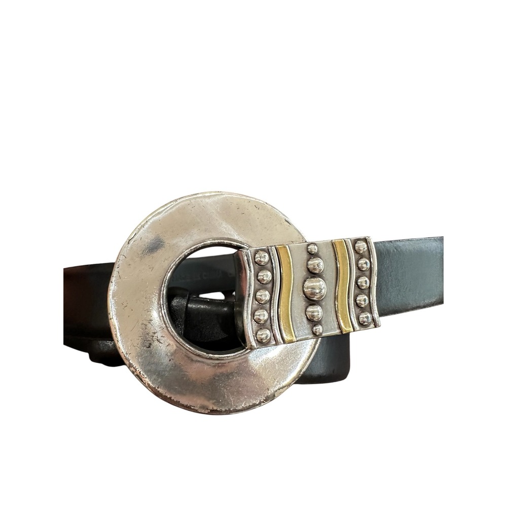 Chicos Black Leather Belt Mixed Metal Silver Gold Circle Buckle Small 1762